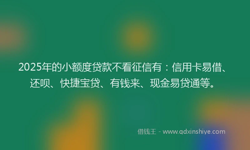 2025年的小额度贷款不看征信有：信用卡易借、还呗、快捷宝贷、有钱来、现金易贷通等。