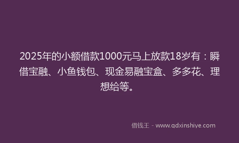 2025年的小额借款1000元马上放款18岁有：瞬借宝融、小鱼钱包、现金易融宝盒、多多花、理想给等。