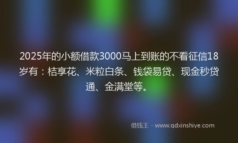 2025年的小额借款3000马上到账的不看征信18岁有：桔享花、米粒白条、钱袋易贷、现金秒贷通、金满堂等。