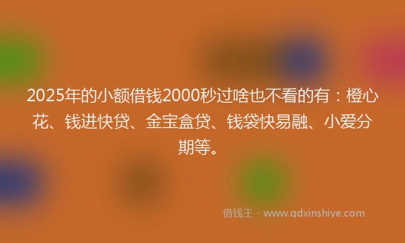 2025年的小额借钱2000秒过啥也不看的有：橙心花、钱进快贷、金宝盒贷、钱袋快易融、小爱分期等。