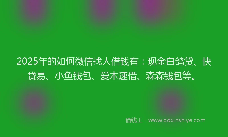 2025年的如何微信找人借钱有：现金白鸽贷、快贷易、小鱼钱包、爱木速借、森森钱包等。