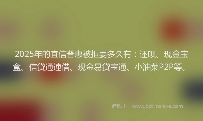 2025年的宜信普惠被拒要多久有：还呗、现金宝盒、信贷通速借、现金易贷宝通、小油菜P2P等。