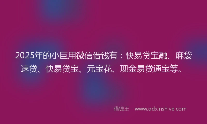 2025年的小巨用微信借钱有：快易贷宝融、麻袋速贷、快易贷宝、元宝花、现金易贷通宝等。