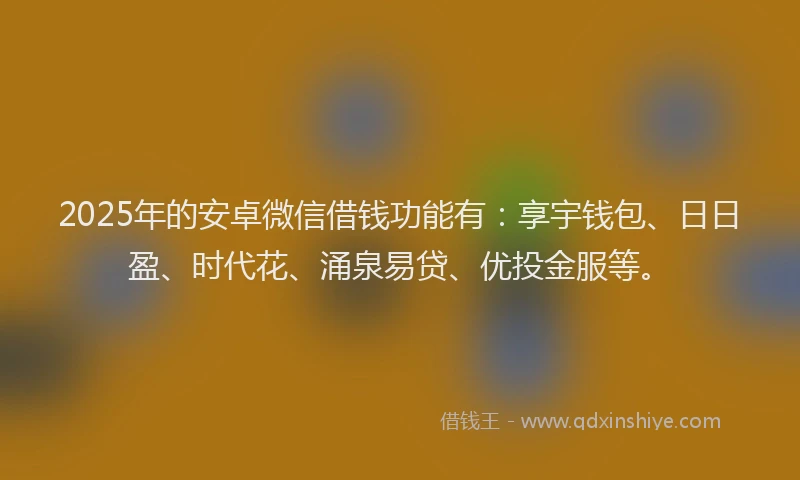 2025年的安卓微信借钱功能有：享宇钱包、日日盈、时代花、涌泉易贷、优投金服等。