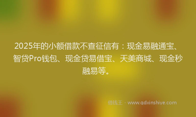 2025年的小额借款不查征信有:现金易融通宝、智贷Pro钱包、现金贷易借宝、天美商城、现金秒融易等。