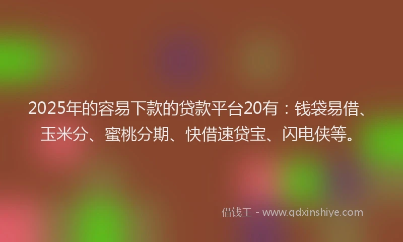 2025年的容易下款的贷款平台20有：钱袋易借、玉米分、蜜桃分期、快借速贷宝、闪电侠等。