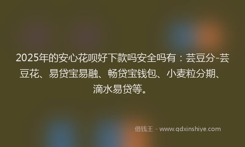 2025年的安心花呗好下款吗安全吗有：芸豆分-芸豆花、易贷宝易融、畅贷宝钱包、小麦粒分期、滴水易贷等。