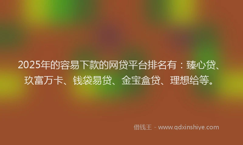 2025年的容易下款的网贷平台排名有：臻心贷、玖富万卡、钱袋易贷、金宝盒贷、理想给等。
