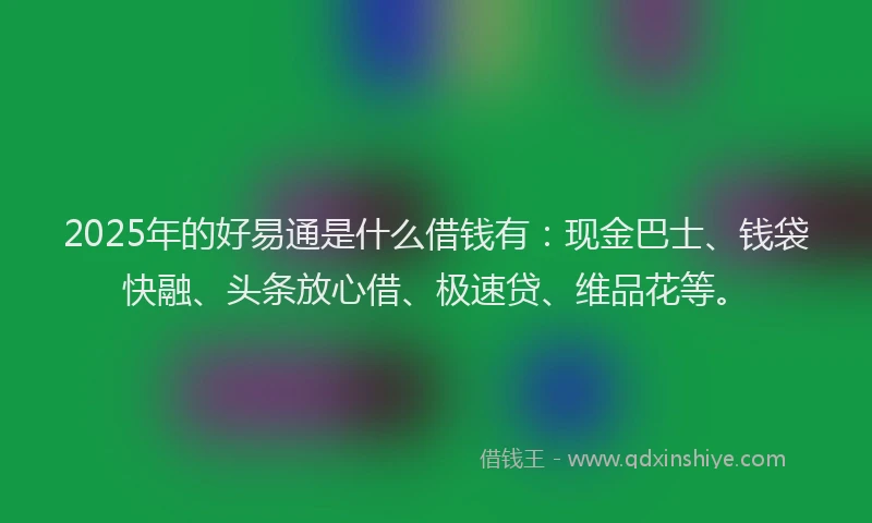2025年的好易通是什么借钱有：现金巴士、钱袋快融、头条放心借、极速贷、维品花等。