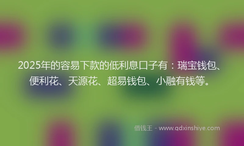 2025年的容易下款的低利息口子有：瑞宝钱包、便利花、天源花、超易钱包、小融有钱等。