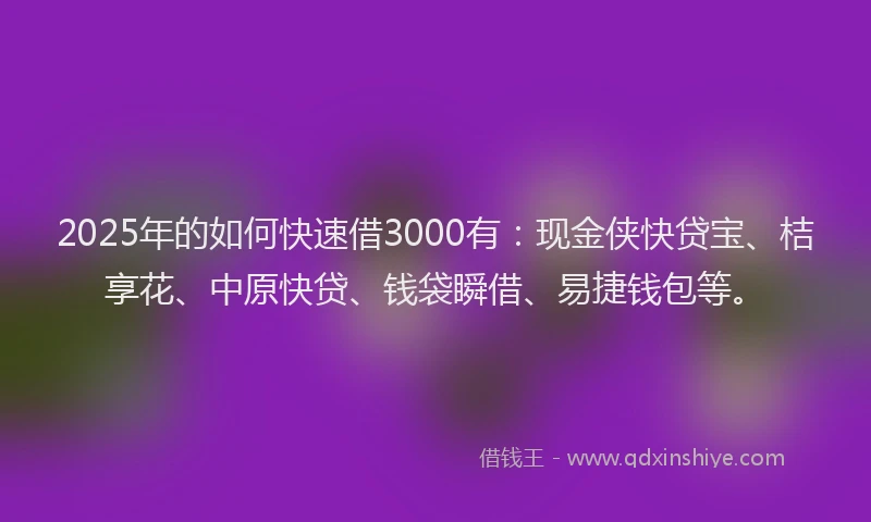 2025年的如何快速借3000有：现金侠快贷宝、桔享花、中原快贷、钱袋瞬借、易捷钱包等。
