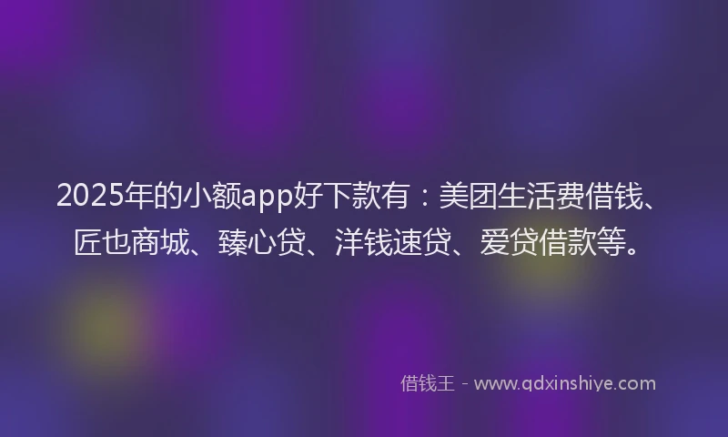2025年的小额app好下款有：美团生活费借钱、匠也商城、臻心贷、洋钱速贷、爱贷借款等。