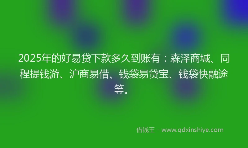 2025年的好易贷下款多久到账有：森泽商城、同程提钱游、沪商易借、钱袋易贷宝、钱袋快融途等。