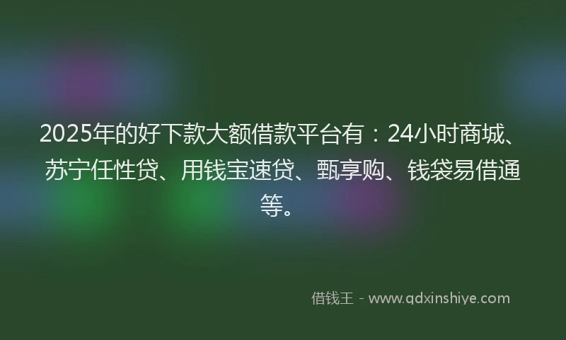 2025年的好下款大额借款平台有：24小时商城、苏宁任性贷、用钱宝速贷、甄享购、钱袋易借通等。