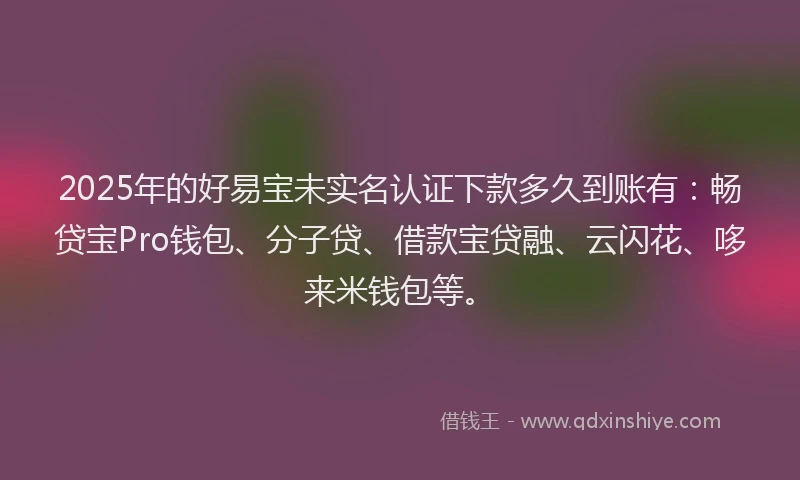2025年的好易宝未实名认证下款多久到账有：畅贷宝Pro钱包、分子贷、借款宝贷融、云闪花、哆来米钱包等。