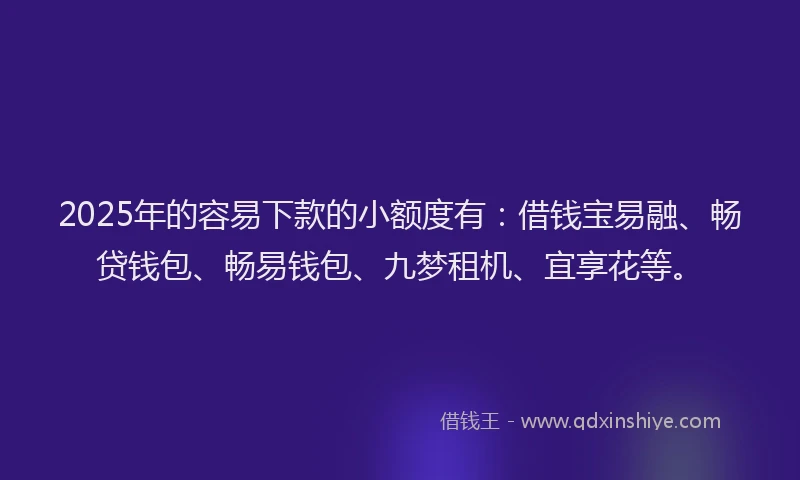 2025年的容易下款的小额度有：借钱宝易融、畅贷钱包、畅易钱包、九梦租机、宜享花等。