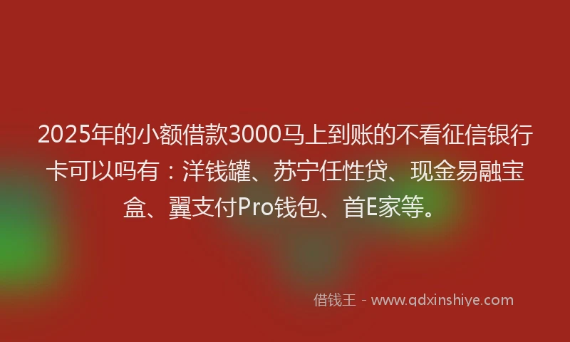 2025年的小额借款3000马上到账的不看征信银行卡可以吗有：洋钱罐、苏宁任性贷、现金易融宝盒、翼支付Pro钱包、首E家等。
