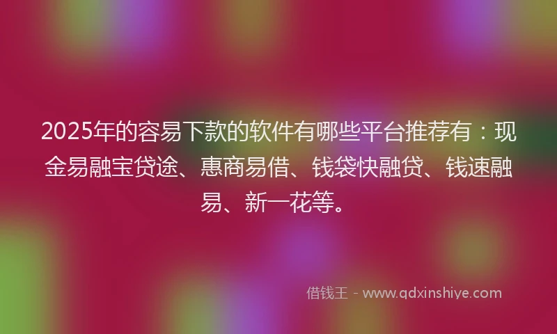 2025年的容易下款的软件有哪些平台推荐有：现金易融宝贷途、惠商易借、钱袋快融贷、钱速融易、新一花等。