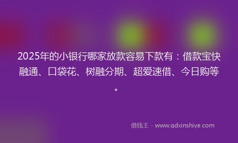 2025年的小银行哪家放款容易下款有：借款宝快融通、口袋花、树融分期、超爱速借、今日购等。