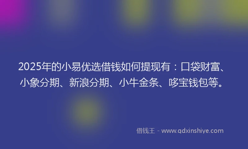 2025年的小易优选借钱如何提现有：口袋财富、小象分期、新浪分期、小牛金条、哆宝钱包等。