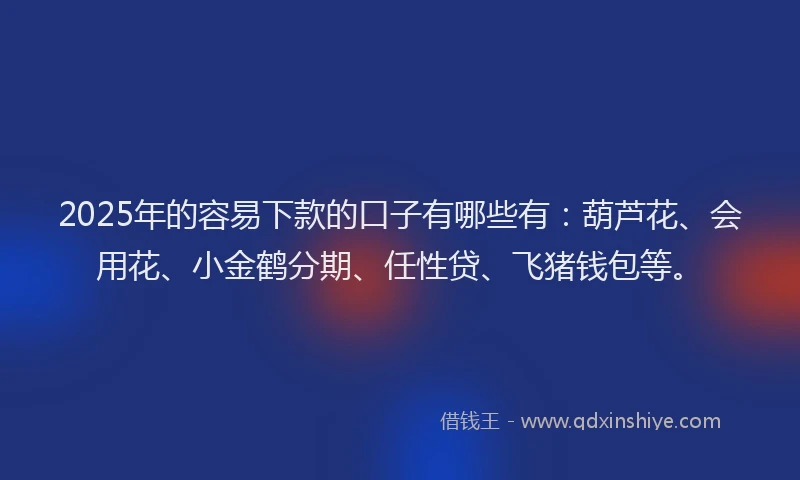 2025年的容易下款的口子有哪些有：葫芦花、会用花、小金鹤分期、任性贷、飞猪钱包等。
