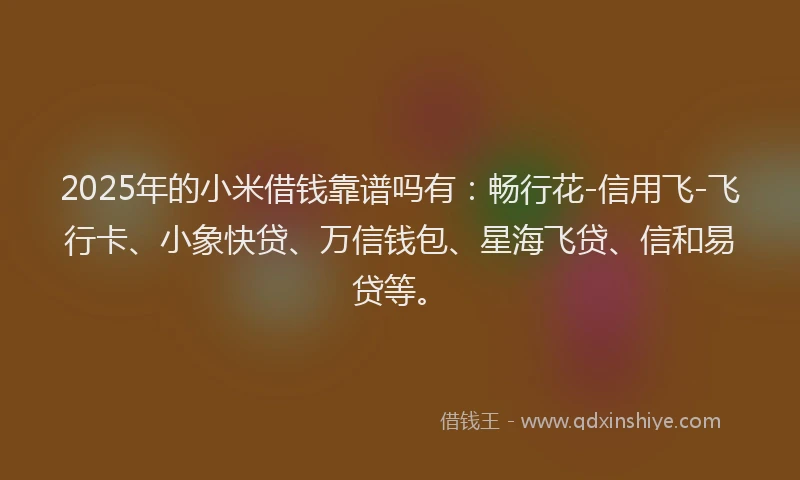 2025年的小米借钱靠谱吗有：畅行花-信用飞-飞行卡、小象快贷、万信钱包、星海飞贷、信和易贷等。