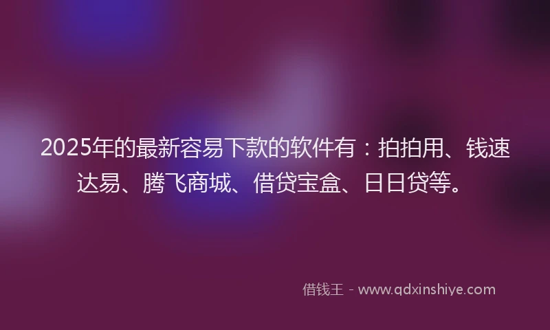 2025年的最新容易下款的软件有：拍拍用、钱速达易、腾飞商城、借贷宝盒、日日贷等。