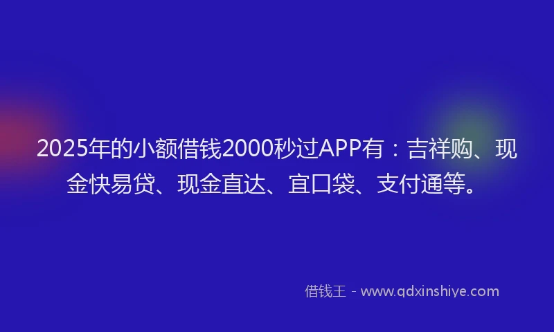 2025年的小额借钱2000秒过APP有：吉祥购、现金快易贷、现金直达、宜口袋、支付通等。