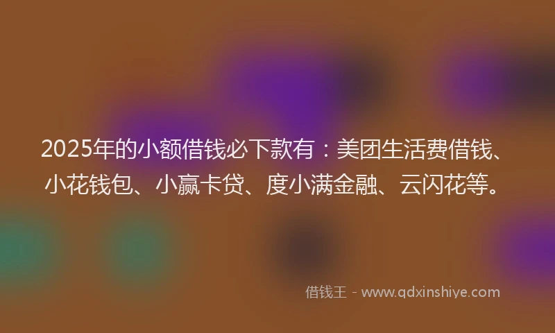 2025年的小额借钱必下款有：美团生活费借钱、小花钱包、小赢卡贷、度小满金融、云闪花等。