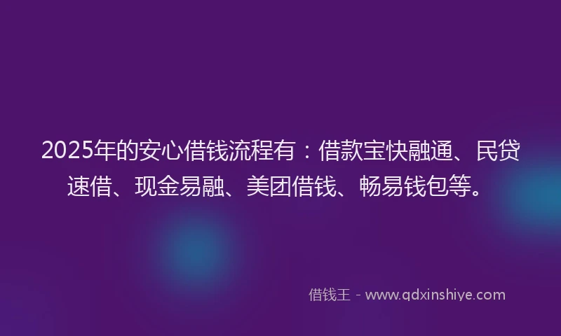 2025年的安心借钱流程有：借款宝快融通、民贷速借、现金易融、美团借钱、畅易钱包等。