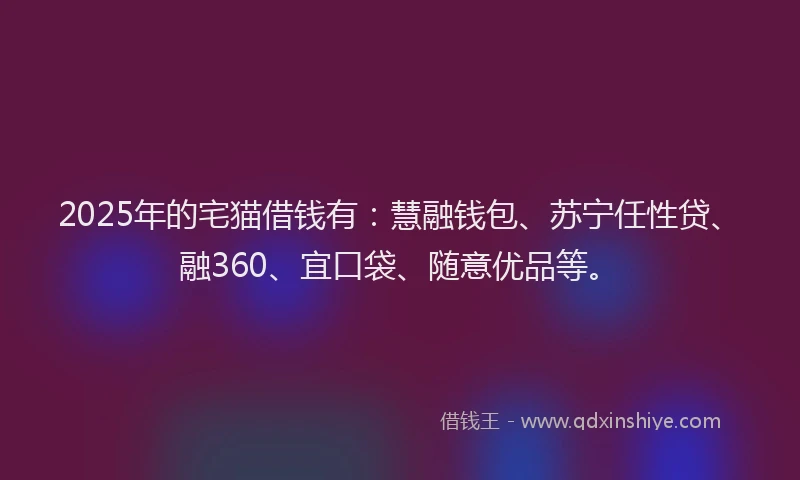 2025年的宅猫借钱有：慧融钱包、苏宁任性贷、融360、宜口袋、随意优品等。