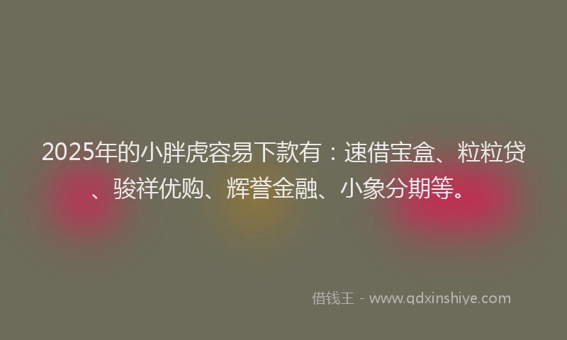 2025年的小胖虎容易下款有：速借宝盒、粒粒贷、骏祥优购、辉誉金融、小象分期等。