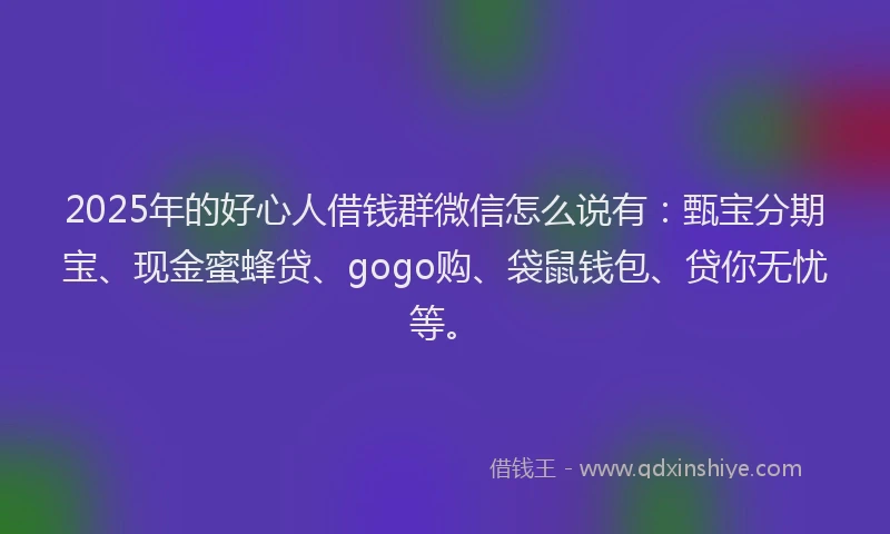 2025年的好心人借钱群微信怎么说有：甄宝分期宝、现金蜜蜂贷、gogo购、袋鼠钱包、贷你无忧等。