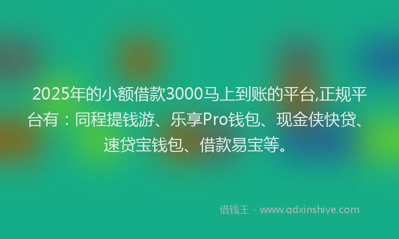 2025年的小额借款3000马上到账的平台,正规平台有：同程提钱游、乐享Pro钱包、现金侠快贷、速贷宝钱包、借款易宝等。