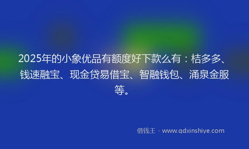 2025年的小象优品有额度好下款么有：桔多多、钱速融宝、现金贷易借宝、智融钱包、涌泉金服等。