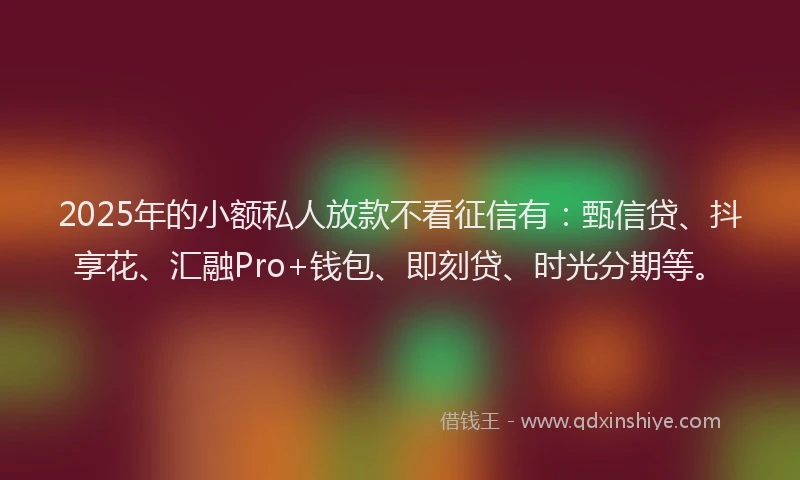 2025年的小额私人放款不看征信有：甄信贷、抖享花、汇融Pro+钱包、即刻贷、时光分期等。