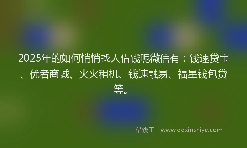 2025年的如何悄悄找人借钱呢微信有：钱速贷宝、优者商城、火火租机、钱速融易、福星钱包贷等。