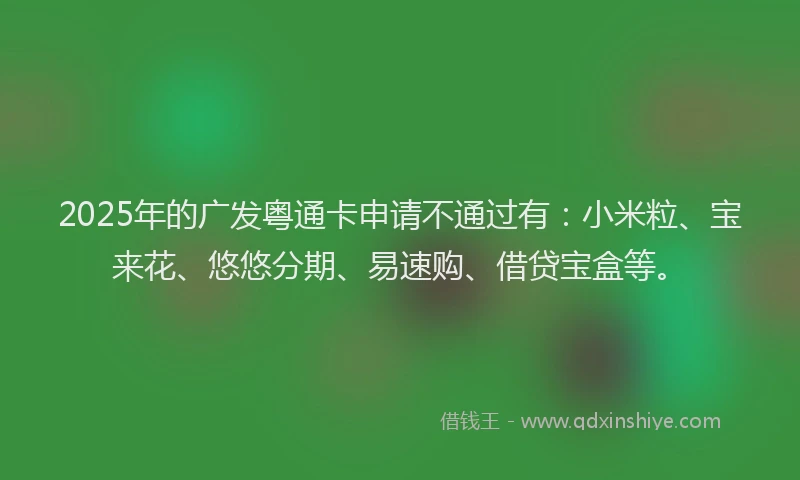 2025年的广发粤通卡申请不通过有：小米粒、宝来花、悠悠分期、易速购、借贷宝盒等。