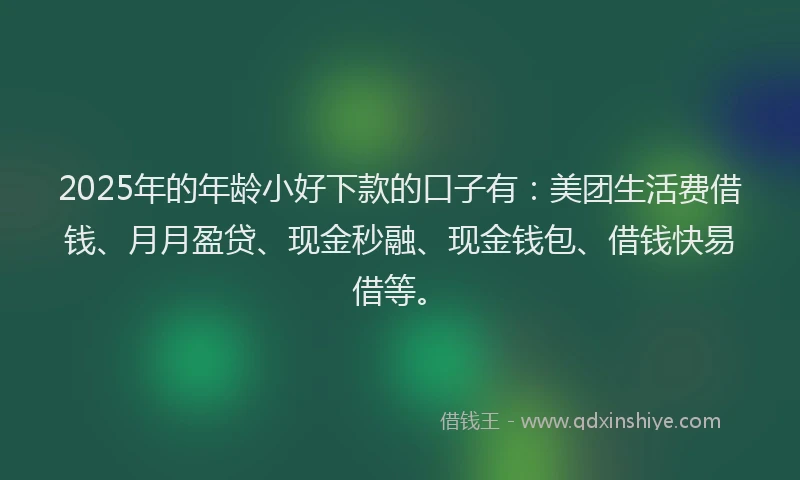 2025年的年龄小好下款的口子有：美团生活费借钱、月月盈贷、现金秒融、现金钱包、借钱快易借等。