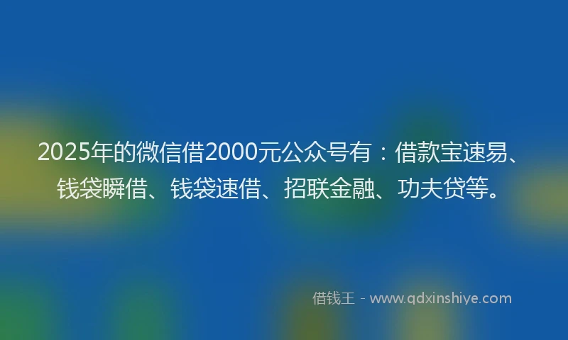 2025年的微信借2000元公众号有：借款宝速易、钱袋瞬借、钱袋速借、招联金融、功夫贷等。