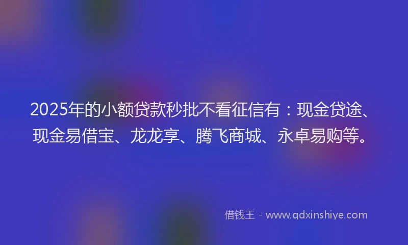 2025年的小额贷款秒批不看征信有：现金贷途、现金易借宝、龙龙享、腾飞商城、永卓易购等。