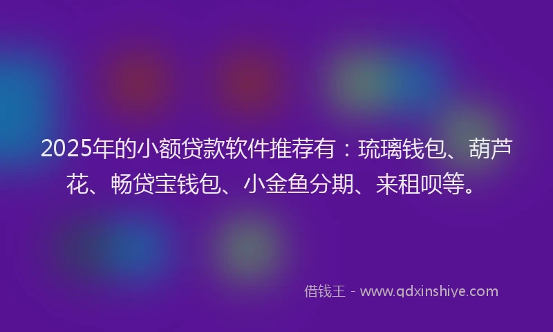 2025年的小额贷款软件推荐有：琉璃钱包、葫芦花、畅贷宝钱包、小金鱼分期、来租呗等。