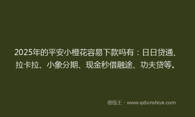 2025年的平安小橙花容易下款吗有：日日贷通、拉卡拉、小象分期、现金秒借融途、功夫贷等。