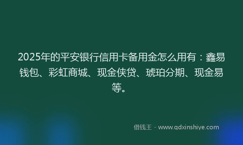 2025年的平安银行信用卡备用金怎么用有：鑫易钱包、彩虹商城、现金侠贷、琥珀分期、现金易等。