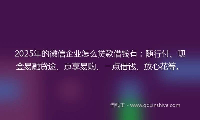2025年的微信企业怎么贷款借钱有：随行付、现金易融贷途、京享易购、一点借钱、放心花等。