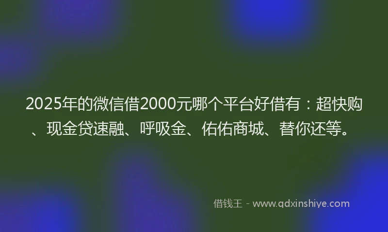 2025年的微信借2000元哪个平台好借有：超快购、现金贷速融、呼吸金、佑佑商城、替你还等。
