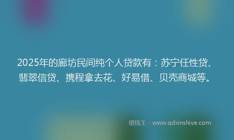 2025年的廊坊民间纯个人贷款有：苏宁任性贷、翡翠信贷、携程拿去花、好易借、贝壳商城等。