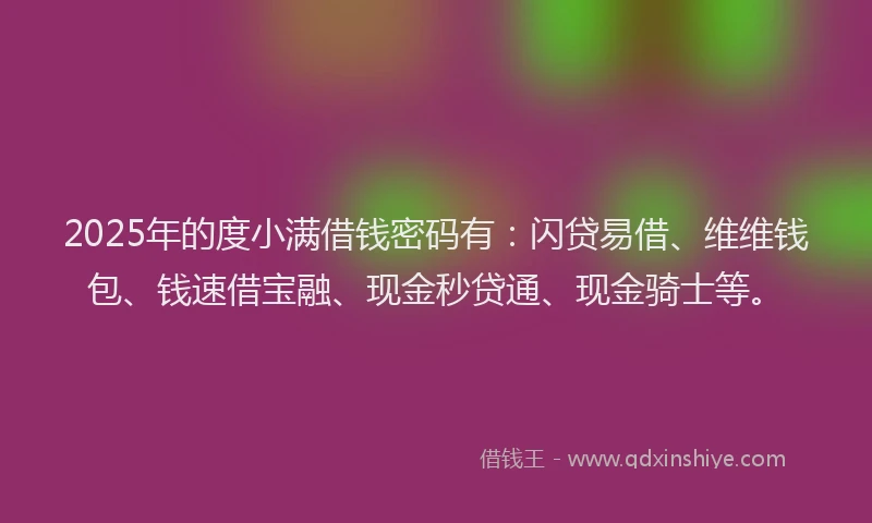 2025年的度小满借钱密码有：闪贷易借、维维钱包、钱速借宝融、现金秒贷通、现金骑士等。