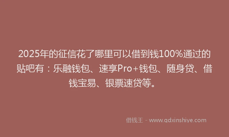 2025年的征信花了哪里可以借到钱100%通过的贴吧有：乐融钱包、速享Pro+钱包、随身贷、借钱宝易、银票速贷等。