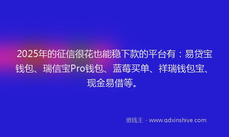 2025年的征信很花也能稳下款的平台有：易贷宝钱包、瑞信宝Pro钱包、蓝莓买单、祥瑞钱包宝、现金易借等。